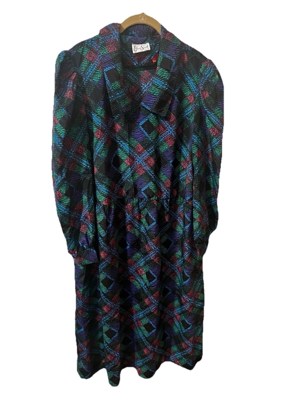 Vintage Eileen Scott Long Sleeve Plaid Midi Dress in Black, Teal & Purple. SZ 38